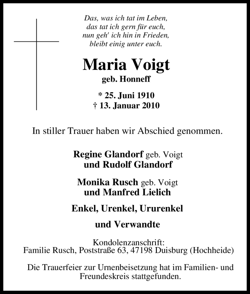 Traueranzeige für Maria Voigt vom 29.01.2010 aus Tageszeitung