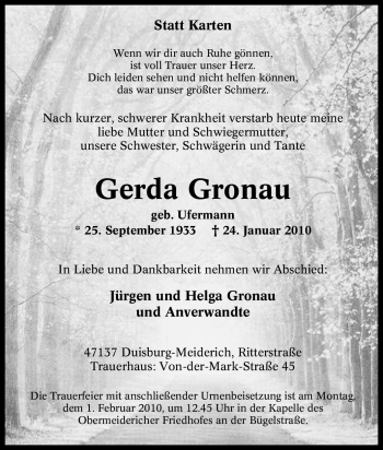 Traueranzeige von Gerda Gronau von Tageszeitung