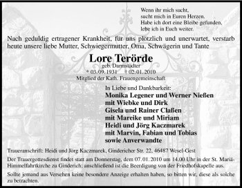 Traueranzeige von Lore Terörde von Tageszeitung