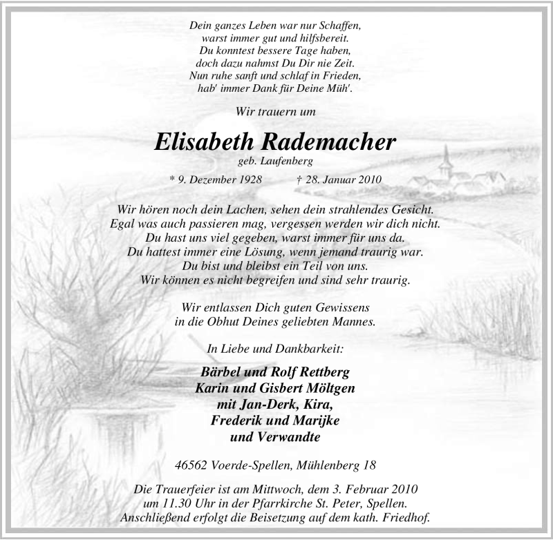  Traueranzeige für Elisabeth Rademacher vom 30.01.2010 aus Tageszeitung