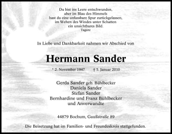 Traueranzeige von Hermann Sander von Tageszeitung