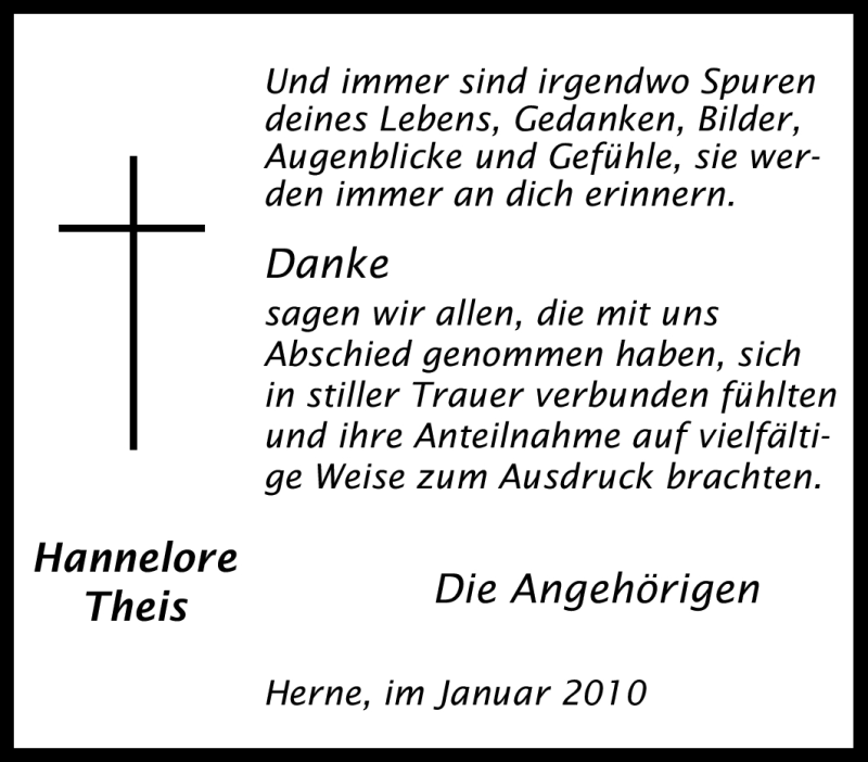  Traueranzeige für Hannelore Theis vom 30.01.2010 aus Tageszeitung