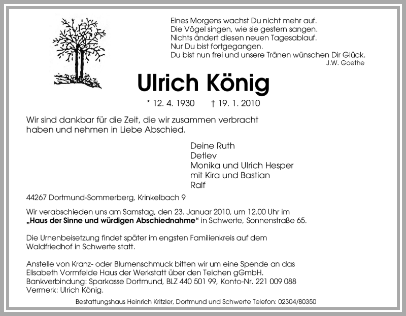 Traueranzeige für Ulrich König vom 21.01.2010 aus Tageszeitung