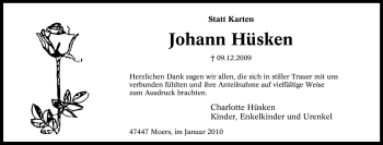 Traueranzeige von Johann Hüsken von Tageszeitung