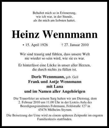 Traueranzeige von Heinz Wennmann von Tageszeitung