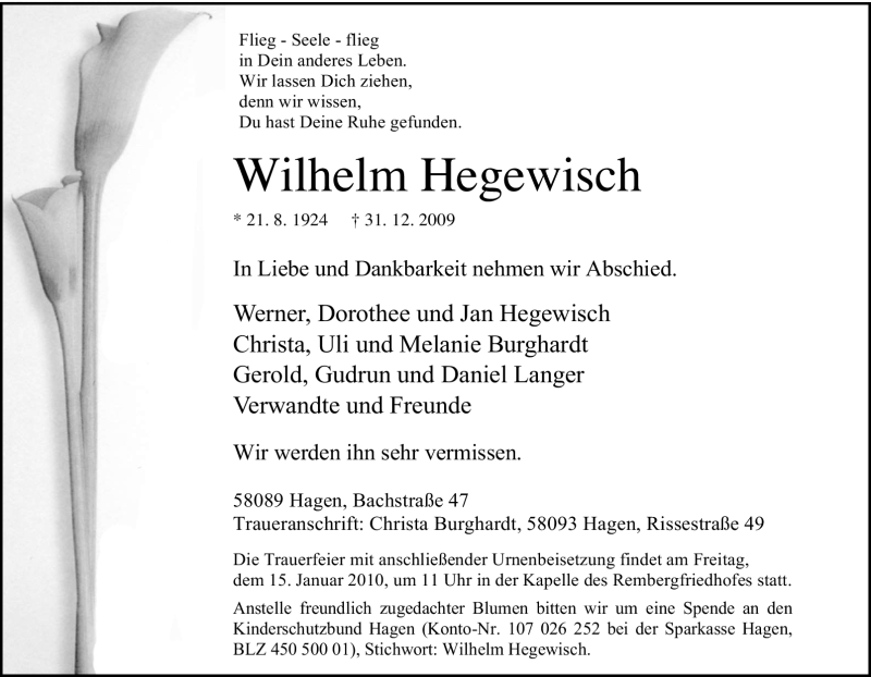  Traueranzeige für Wilhelm Hegewisch vom 11.01.2010 aus Tageszeitung