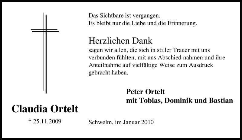  Traueranzeige für Claudia Ortelt vom 09.01.2010 aus Tageszeitung