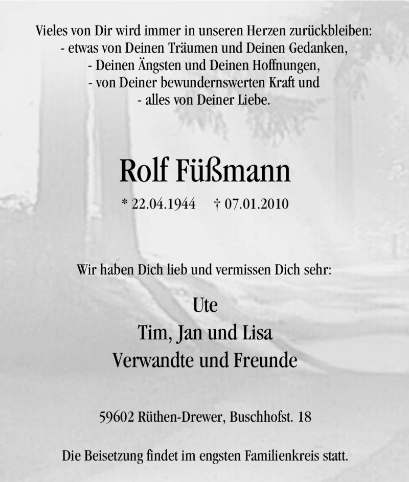  Traueranzeige für Rolf Füßmann vom 11.01.2010 aus Tageszeitung