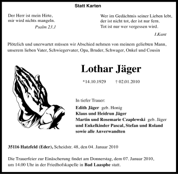 Traueranzeige von Lothar Jäger von Tageszeitung