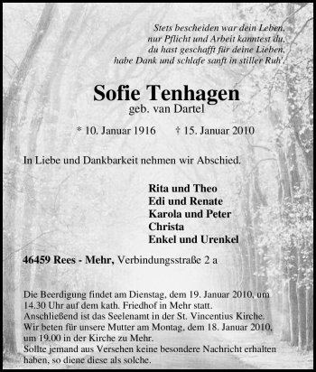 Traueranzeige von Sofie Tenhagen von Tageszeitung