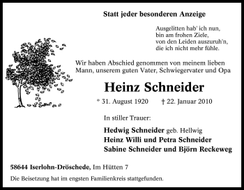 Traueranzeige von Heinz Schneider von Tageszeitung