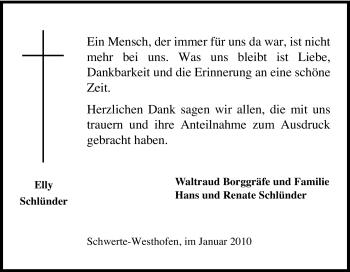 Traueranzeige von Elly Schünder von Tageszeitung