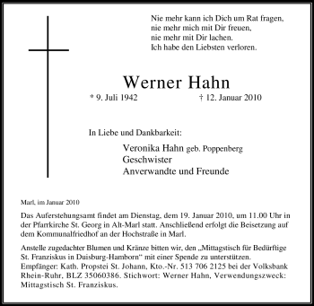 Traueranzeige von Werner Hahn von Tageszeitung