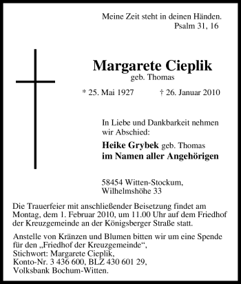 Traueranzeige von Margarete Cieplik von Tageszeitung