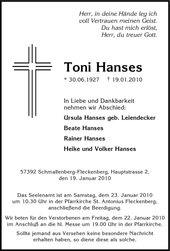 Traueranzeige von Toni Hanses von Tageszeitung