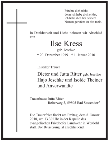 Traueranzeige von Ilse Kress von Tageszeitung