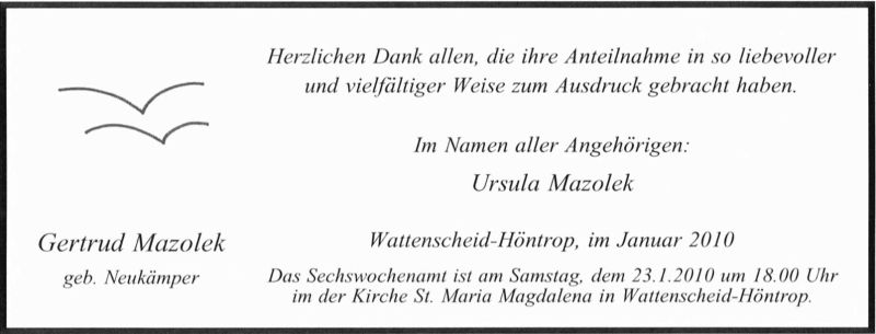  Traueranzeige für Gertrud Mazolek vom 16.01.2010 aus Tageszeitung