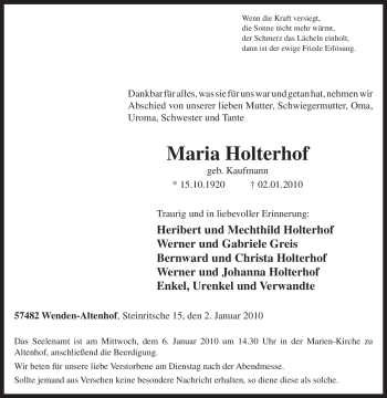 Traueranzeige von Maria Holterhof von Tageszeitung