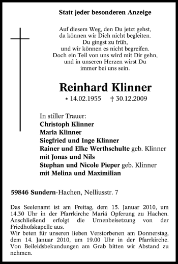 Traueranzeige von Reinhard Klinner von Tageszeitung