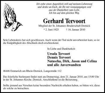 Traueranzeige von Gerhard Tervoort von Tageszeitung
