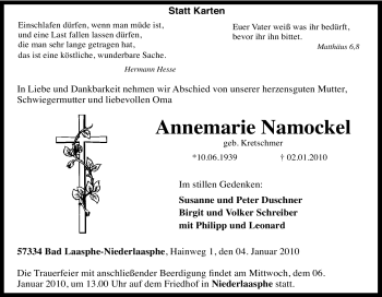 Traueranzeige von Annemarie Namockel von Tageszeitung