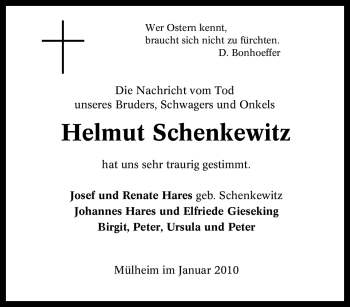Traueranzeige von Helmut Schenkewitz von Tageszeitung