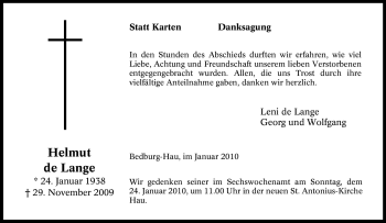 Traueranzeige von Helmut de Lange von Tageszeitung