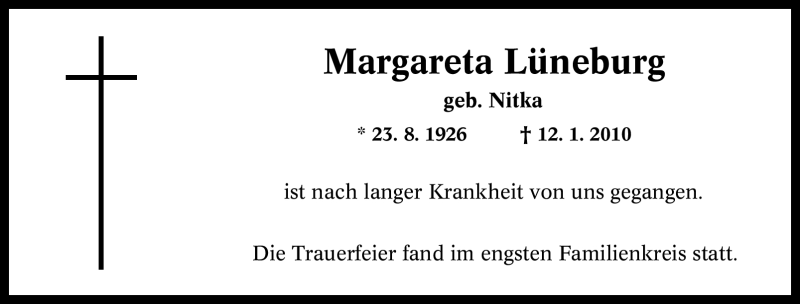  Traueranzeige für Margareta Lüneburg vom 19.01.2010 aus Tageszeitung