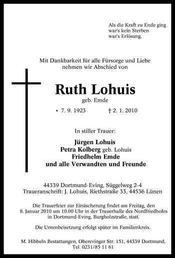 Traueranzeige von Ruth Lohuis von Tageszeitung