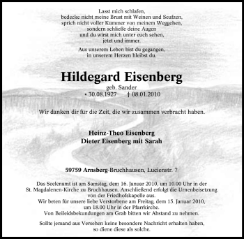 Traueranzeige von Hildegard Eisenberg von Tageszeitung