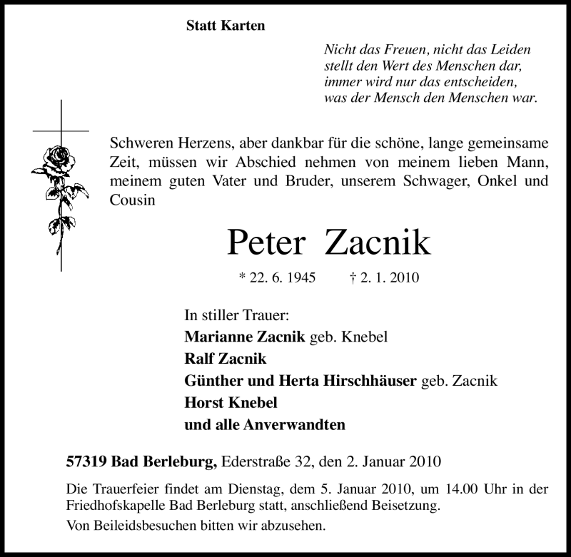  Traueranzeige für Peter Zacnik vom 04.01.2010 aus Tageszeitung