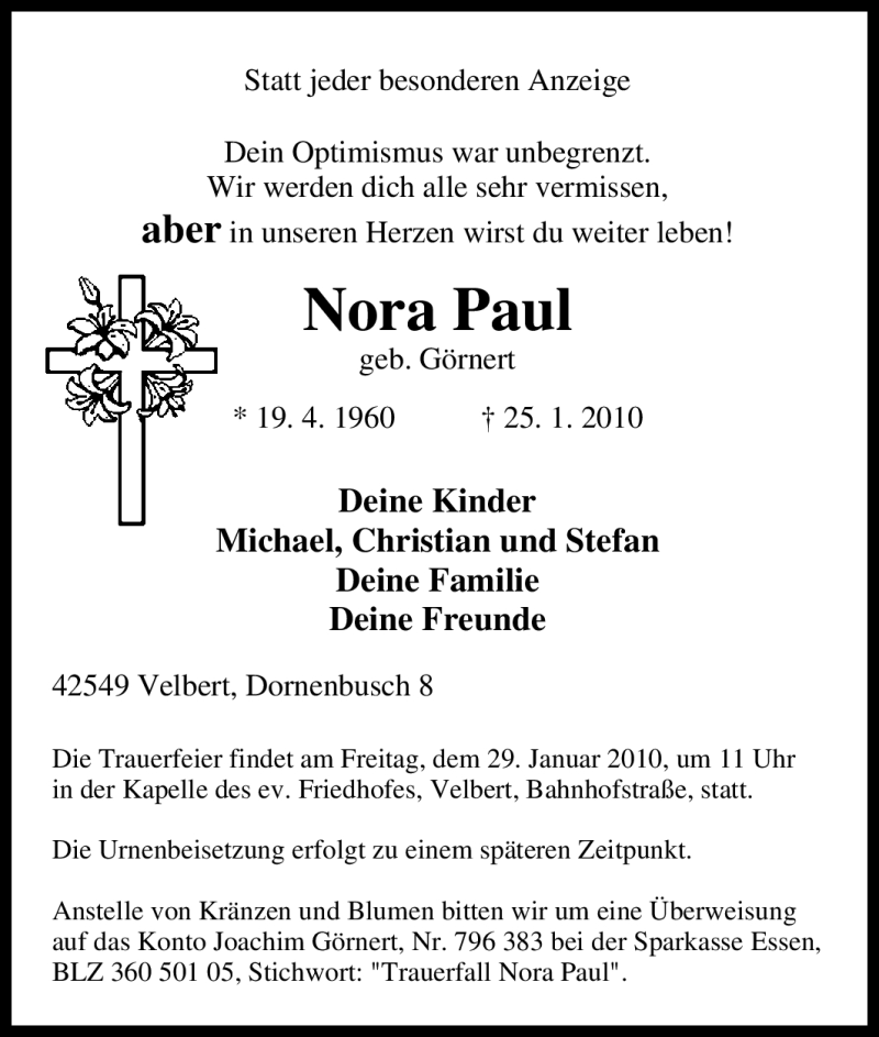  Traueranzeige für Nora Paul vom 27.01.2010 aus Tageszeitung
