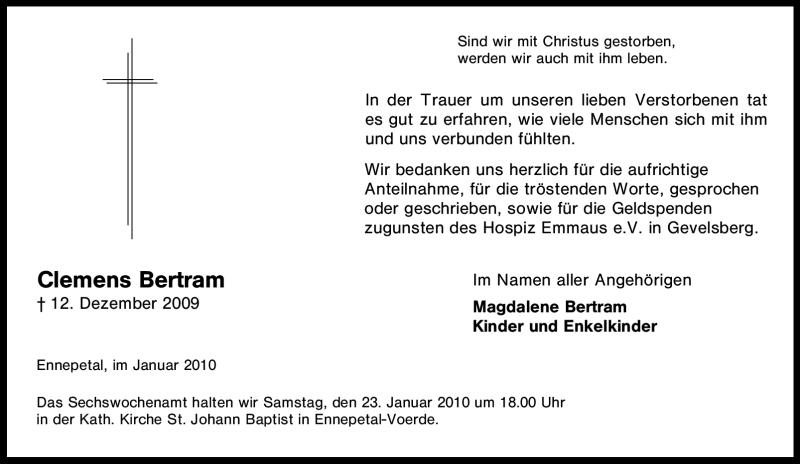  Traueranzeige für Clemens Bertram vom 16.01.2010 aus Tageszeitung