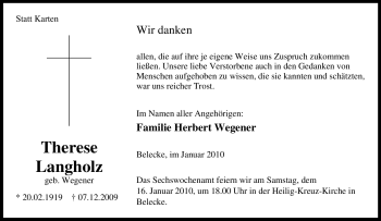 Traueranzeige von Therese Langholz von Tageszeitung