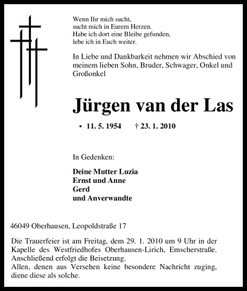 Traueranzeige von Jürgen van der Las von Tageszeitung