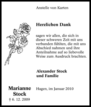 Traueranzeige von Marianne Stock von Tageszeitung