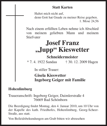 Traueranzeige von Josef Franz Kieswetter von Tageszeitung