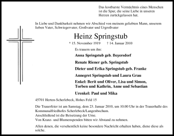 Traueranzeige von Heinz Springstub von Tageszeitung
