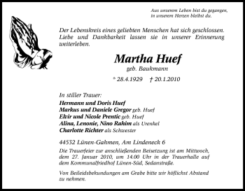 Traueranzeige von Martha Huef von Tageszeitung