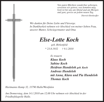 Traueranzeige von Else-Lotte Koch von Tageszeitung