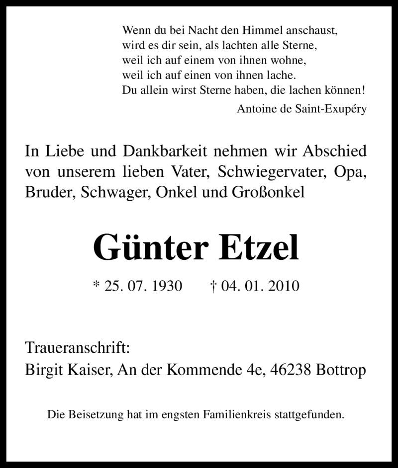Traueranzeigen von Günter Etzel TrauerinNRW.de