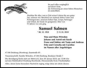 Traueranzeige von Samuel Salmen von Tageszeitung