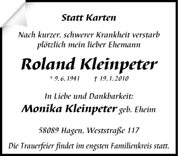 Traueranzeige von Roland Kleinpeter von Tageszeitung