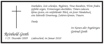 Traueranzeige von Reinhold Groth von Tageszeitung