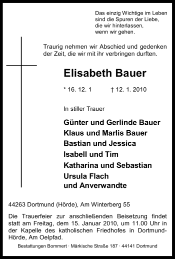 Traueranzeige von Elisabeth Bauer von Tageszeitung