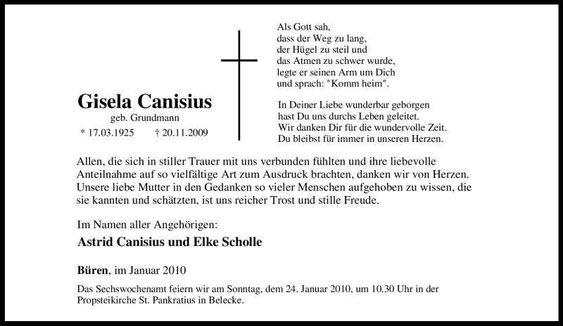  Traueranzeige für Gisela Canisius vom 16.01.2010 aus Tageszeitung