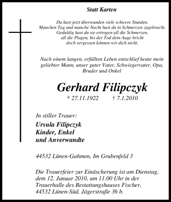 Traueranzeige von Gerhard Filipczyk von Tageszeitung