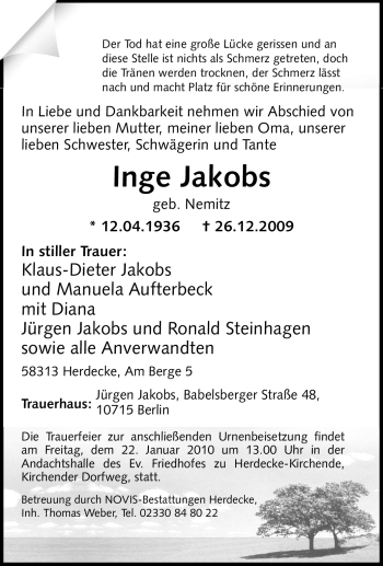 Traueranzeige von Inge Jakobs von Tageszeitung