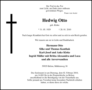 Traueranzeige von Hedwig Otto von Tageszeitung