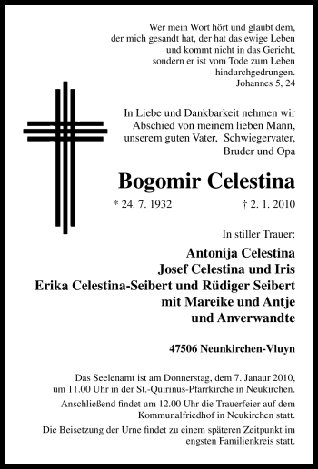 Traueranzeige von Bogomir Celestina von Tageszeitung